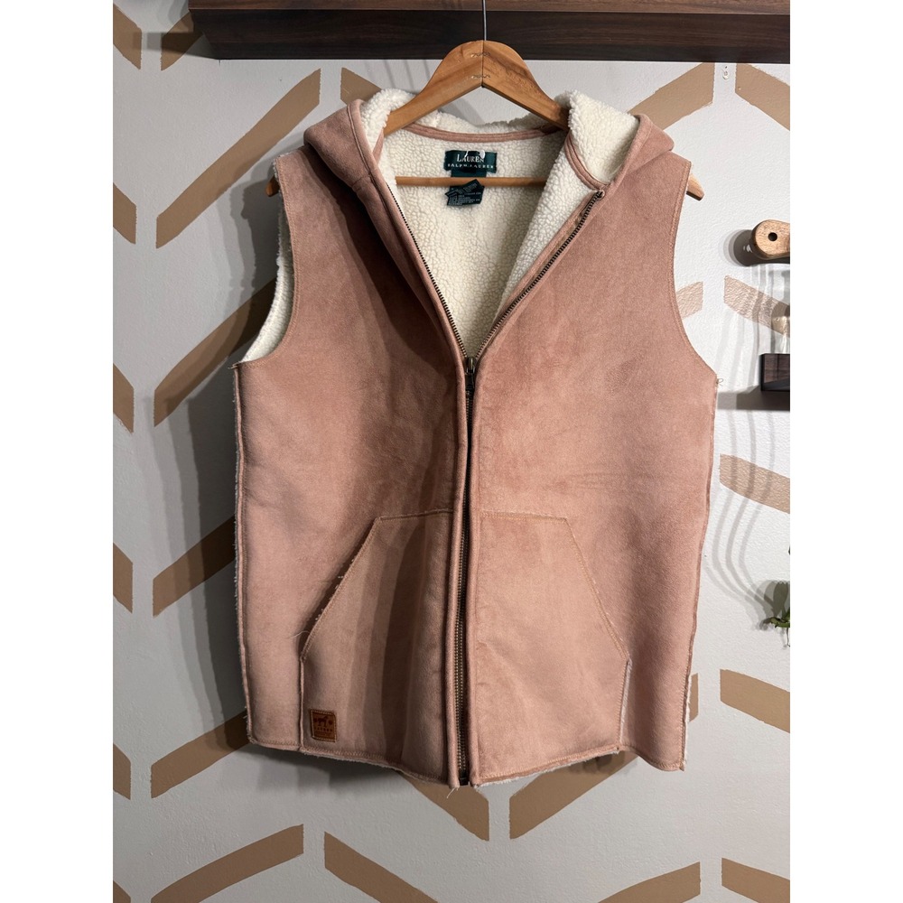 Lauren Ralph Lauren Hooded Vest Women M Tan Faux Suede Sherpa Lined Zip Front